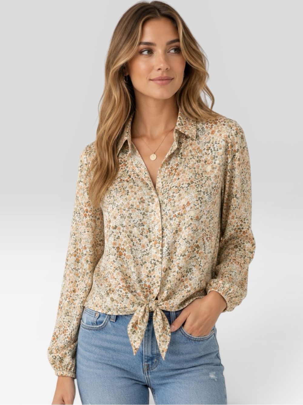 LC Lauren Conrad Floral Metallic Gold Tie Front Blouse M